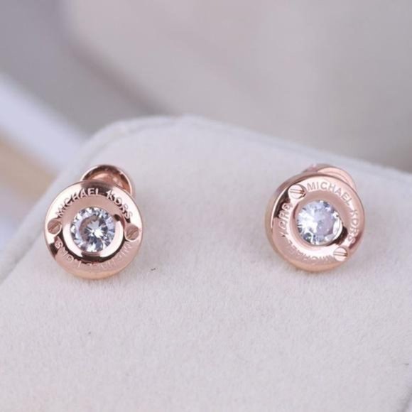 Michael Kors Rose Gold Crystal Logo Stud Earrings - Picture 11 of 12